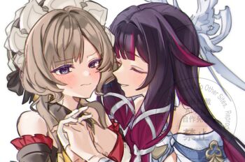 Rule 34 | 2girls, bare shoulders, black bow, black hair, blue eyes, blunt bangs, blush, bow, breasts, brown hair, cleavage, closed eyes, columbina (genshin impact), commentary request, detached sleeves, frilled sleeves, frills, genshin impact, gloves, hair ornament, hair ribbon, hand grab, long hair, maid headdress, maru tamagoo, multicolored hair, multiple girls, nervous sweating, pink hair, ribbon, sandrone (genshin impact), smile, sweat, teeth, two-tone hair, updo, watermark, white background, white gloves, white ribbon, wing hair ornament, yuri