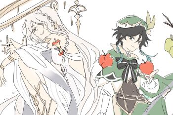 Rule 34 | 1boy, 1girl, alice (genshin impact), apple, apple core, apple seed, armlet, backless dress, backless outfit, bare shoulders, barefoot sandals (jewelry), beret, black bow, black bowtie, black hair, blonde hair, bow, bowtie, bracelet, braid, braided sidelocks, brown corset, cape, collared shirt, colored tips, corset, dress, expressionless, flower, food, fruit, genshin impact, gladiator sandals, gold armlet, gold bracelet, green apple, green cape, green eyes, green hat, hair between eyes, hair flower, hair ornament, hat, highres, holding, holding food, holding fruit, jewelry, juliet sleeves, knees to chest, kyupercent, long hair, long sleeves, looking to the side, multicolored hair, multiple armlets, profile, puffy sleeves, sandals, seed, shirt, side braid, simple background, sketch, smile, star (symbol), star hair ornament, star ornament, venti (genshin impact), very long hair, vision (genshin impact), white background, white dress, white trim, wide sleeves, yellow eyes