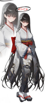 Rule 34 | 1girl, absurdres, alternate costume, black hair, black halo, blue archive, bright pupils, commentary request, expressionless, full body, grey kimono, hair behind ear, hair ornament, hairclip, halo, highres, hikimori 1, japanese clothes, kimono, long hair, looking at viewer, multicolored halo, obi, print kimono, red eyes, ringed eyes, rio (blue archive), sash, solo, two-tone halo, white background, white pupils, zoom layer