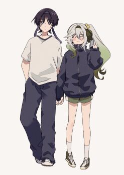 1boy 1girl absurdres alternate_costume alternate_height aomattya arms_at_sides asymmetrical_sidelocks black_eyes black_hair black_jacket black_pants black_sleeves blunt_ends blush bow bright_pupils cargo_pants closed_eyes closed_mouth collared_shirt colored_tips contemporary couple cross-laced_shoes eyeliner eyeshadow facing_viewer flower genshin_impact gradient_hair green_bow green_eyes green_hair green_hairband green_shorts gym_uniform hair_between_eyes hair_bow hair_flower hair_ornament hairband half_crown_braid hand_in_pocket hetero highres holding_hands jacket long_hair long_sleeves looking_at_viewer makeup multicolored_hair nahida_(genshin_impact) pants pigeon-toed pointy_ears purple_hairband red_eyeliner red_eyeshadow scaramouche_(genshin_impact) shirt shoes short_sleeves shorts side_ponytail sidelocks sleeves_past_wrists smile sneakers socks source_request split_mouth track_jacket white_hair white_pupils white_shirt white_shoes white_sleeves white_socks wispy_bangs yellow_flower