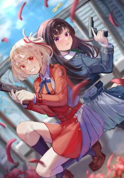 Rule 34 | 2girls, :|, ao hoshi, back-to-back, belt, black hair, black socks, blonde hair, blue belt, blue dress, blue ribbon, blurry, blurry background, bob cut, breasts, brown shoes, building, buttons, closed mouth, cloud, collared dress, commentary request, day, dot nose, dress, dutch angle, green ribbon, grey dress, grin, gun, hair ribbon, handgun, highres, holding, holding gun, holding weapon, inoue takina, light blush, loafers, long hair, long sleeves, looking at another, lycoris recoil, lycoris uniform, m1911, medium breasts, multiple girls, neck ribbon, nishikigi chisato, one side up, open mouth, outdoors, petals, pleated dress, purple eyes, railing, red belt, red dress, red eyes, red petals, red ribbon, ribbon, shoes, short hair, smile, smith &amp; wesson m&amp;p, socks, squatting, two-tone dress, weapon