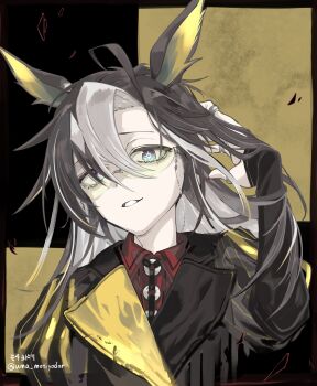 1girl animal_ears black_hair black_jacket blonde_hair blue_eyes collared_shirt colored_inner_animal_ears dream_journey_(reminder_of_dreamland)_(umamusume) dream_journey_(umamusume) eyewear_strap hair_between_eyes hand_in_own_hair hand_up highres horse_ears horse_girl jacket long_hair looking_at_viewer multicolored_hair parted_lips puffy_sleeves red_shirt shirt solo streaked_hair twitter_username uma_motiyodor umamusume very_long_hair white_hair