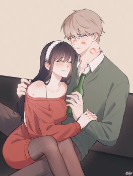1boy 1girl absurdres alcohol artist_name black_hair black_pantyhose blonde_hair blue_eyes blush bottle brown_pants closed_eyes closed_mouth collarbone collared_shirt couch dress drink drunk from_side girl_on_top green_sweater hair_between_eyes hairband hashtag-only_commentary hetero highres holding holding_another's_arm holding_bottle husband_and_wife lipstick_mark lipstick_mark_on_face lipstick_mark_on_neck long_hair long_sidelocks long_sleeves looking_ahead off-shoulder_sweater off_shoulder on_couch pants pantyhose paper_28 red_sleeves red_sweater shirt short_hair sidelocks signature simple_background sitting sitting_on_lap sitting_on_person smile spy_x_family sweater sweater_dress twilight_(spy_x_family) white_hairband white_shirt wine wine_bottle yor_briar