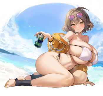 1girl absurdres anis_(nikke) anis_(sparkling_summer)_(nikke) bare_shoulders bikini blush breasts brown_hair can closed_mouth commentary english_commentary eyepatch_bikini eyewear_on_head full_body goddess_of_victory:_nikke hido_(cherryhido) highres holding holding_can huge_breasts jacket long_sleeves mixed-language_commentary nail_polish navel official_alternate_costume outdoors revision short_hair side-tie_bikini_bottom skindentation smile solo stirrup_footwear sunglasses swimsuit thick_thighs thighs underboob water yellow_eyes yellow_jacket yellow_nails