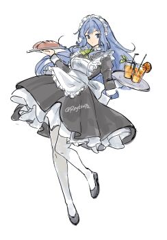 1girl absurdres apron black_dress black_hair black_shoes blue_eyes bow bread breasts commentary cup dress drinking_glass drinking_straw empty_eyes english_commentary fairy_tail food green_bow hair_between_eyes highres holding holding_tray juice juvia_lockser large_breasts long_sidelocks maid_apron maid_headdress orange_juice reytsu shoes sidelocks socks tray twitter_username white_socks