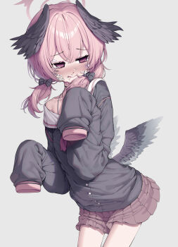 1girl black_wings blood blue_archive blush commentary crying crying_with_eyes_open feathered_wings gauze gauze_on_cheek halo head_wings highres koharu_(blue_archive) korean_commentary metaljelly pink_eyes pink_hair revision simple_background skirt sleeves_past_fingers sleeves_past_wrists solo tears twintails wings