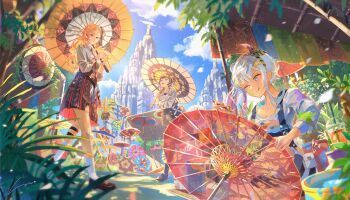 3girls absurdres airani_iofifteen airani_iofifteen_(1st_costume) anya_melfissa anya_melfissa_(indonesian_casual) atelier_umiyury blonde_hair brown_hair crossed_legs denim denim_overalls highres hololive hololive_indonesia kaela_kovalskia kaela_kovalskia_(indonesian_casual) long_hair multiple_girls necktie oil-paper_umbrella paintbrush painting_(action) purple_eyes red_eyes red_necktie side_ponytail signature skirt umbrella umbrella_over_shoulder virtual_youtuber