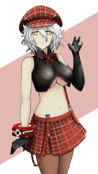 10s 1girl alisa_ilinichina_amiella_(cosplay) breasts newsboy_cap code_vein cosplay female_focus gloves god_eater hat highres io_(code_vein) large_breasts midriff miniskirt navel skirt solo suspenders underboob white_hair yellow_eyes