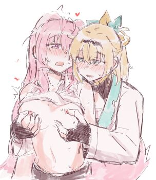 2girls black_gloves blonde_hair blue_eyes blush collared_shirt fingerless_gloves gloves grabbing_another's_breast groping hakui_koyori highres hololive hzy_ka japanese_clothes kazama_iroha kimono long_hair multiple_girls nipples open_mouth pink_hair purple_eyes shirt simple_background sweat white_background white_kimono white_shirt yuri