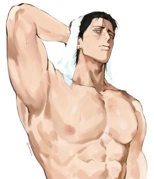 1boy abs absurdres arm_behind_head arm_up bara black_hair closed_mouth collarbone crocodile_(one_piece) hair_slicked_back highres looking_at_viewer looking_to_the_side male_focus muscular muscular_male nipples nude one_piece pectorals scar scar_on_face shihoritsu short_sideburns simple_background solo towel towel_on_head twitter_username white_background yellow_eyes