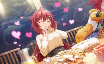 2girls ahoge breasts brown_skirt cake closed_eyes cup finger_to_mouth food fork game_cg hair_ornament hairclip heart highres indoors long_hair long_sleeves multiple_girls red_hair sitting skirt smile solo_focus sweater sweets table third-party_source wang_xue world_dai_star yonaguni_hikari yuri