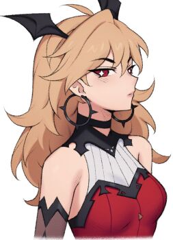 Rule 34 | 1girl, ahoge, bare shoulders, blonde hair, bright pupils, closed mouth, earrings, edmonmondo, fortnite, hair between eyes, head wings, hoop earrings, jewelry, joni (fortnite), long hair, looking at viewer, red eyes, simple background, solo, star-shaped pupils, star (symbol), symbol-shaped pupils, upper body, white background, white pupils, wings