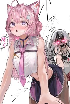 2girls :o ahoge animal_ears bare_shoulders belt black_hair breasts choker clock glowing glowing_eyes grey_hair hair_bun hair_ornament hakui_koyori hakui_koyori_(1st_costume) heart heart-shaped_pupils highres hololive holox long_hair masochism midriff multiple_girls necktie object_in_pocket pantyhose pink_eyes pink_hair pocket sakamata_chloe sakamata_chloe_(1st_costume) skirt slapping symbol-shaped_pupils virtual_youtuber wolf_ears wolf_girl xue_lian_wa_noel
