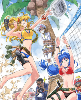 2girls 3boys ^^^ adapted_costume against_tree alternate_costume antenna_hair armpits arms_up bandolier barefoot battle_mania bdsm beach beach_volleyball belt belt_skirt beret bikini black_hair blonde_hair blue_eyes blue_hair blush blush_stickers bondage bound bound_legs bracelet breasts camera car cartridge cleavage cloud coconut coconut_tree crossover crystal_(trouble_shooter) dated day donald_morden explosive eyepatch facial_hair floating_hair flying_sweatdrops formal_clothes gag game_console green_eyes grenade grin gun hair_intakes hairband hammer handgun haneda_maria hat highres holding holster improvised_gag isedaichi_ken jewelry jumping knife koutaishi_denka large_breasts legs long_hair looking_at_viewer low-tied_long_hair madison_(trouble_shooter) mario mario_(series) motor_vehicle multicolored_hair multiple_boys multiple_girls mustache navel nintendo ootorii_mania outdoors outline overalls palm_tree raised_eyebrows rope sand sega shaded_face sheath sheathed short_hair signature sky smile sparkle spiked_bracelet spikes suit super_famicom super_mario_bros._1 sweatdrop swimsuit taisa_(battle_mania) tape tape_gag thigh_holster thigh_strap tree turban turtleneck two-tone_hair underboob vic_tokai volleyball_net watch weapon wristwatch