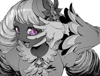 1girl absurdres ascot dress fascinator frilled_ascot frills gloves highres jacinthe_(pokemon) juliet_sleeves long_hair long_sleeves looking_at_viewer monochrome nintendo open_mouth pikat pokemon pokemon_legends:_z-a puffy_sleeves purple_eyes simple_background smile solo spot_color star-shaped_pupils star_(symbol) star_in_eye symbol-shaped_pupils symbol_in_eye teeth