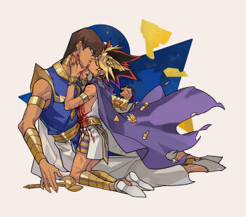 Rule 34 | 2boys, ancient egyptian clothes, armlet, atem, blonde hair, blood, blue eyes, bracelet, brown hair, cape, chinese commentary, closed eyes, commentary request, highres, holding, holding jewelry, holding necklace, injury, jewelry, kiss, kneeling, looking at another, male focus, millennium puzzle, millennium rod, multicolored hair, multiple boys, necklace, priest seto, purple cape, red hair, ring, robe, saka nagiya, shoes, sitting, sleeveless, tiara, two-tone hair, white background, white robe, yaoi, yu-gi-oh!, yu-gi-oh! duel monsters