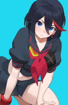 Rule 34 | 1girl, absurdres, aqua background, black serafuku, blue eyes, blue hair, blush, breasts, closed mouth, crop top, hair between eyes, highres, kill la kill, kneeling, large breasts, leaning forward, looking at viewer, matoi ryuuko, medium hair, midriff, multicolored hair, neckerchief, pleated skirt, puffy sleeves, red hair, red neckerchief, school uniform, senketsu, serafuku, sketch, skirt, streaked hair, t-lex, thighs