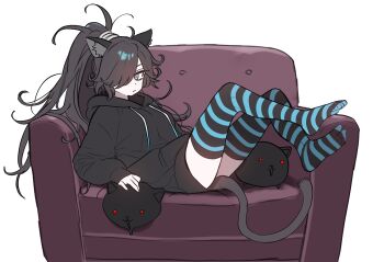1girl absurdres animal_ear_fluff animal_ears black_hair black_hoodie black_thighhighs blue_eyes blue_thighhighs breasts cat_(nyanko_daisensou) cat_ears cat_girl cat_tail couch ebora expressionless feet full_body hair_over_one_eye highres hood hood_down hoodie kasli_(nyanko_daisensou) long_hair long_sleeves looking_at_viewer lying no_pants nyanko_daisensou on_back on_couch pale_skin ponytail small_breasts striped_clothes striped_thighhighs tail thighhighs very_long_hair