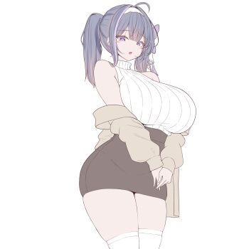 1girl ahoge bare_shoulders black_skirt blue_hair breasts brown_cardigan cardigan cardigan_partially_removed commentary_request cowboy_shot double-parted_bangs flat_color highres huge_breasts indie_virtual_youtuber korean_commentary long_hair long_sleeves looking_at_viewer mimyo_(vtuber) miniskirt open_mouth own_hands_together ponytail purple_eyes rapid17 ribbed_sweater simple_background skindentation skirt sleeveless sleeveless_sweater sleeveless_turtleneck solo sweater textless_version thighhighs thighs transparent_background turtleneck turtleneck_sweater virtual_youtuber white_sweater white_thighhighs