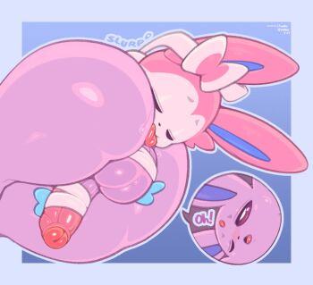 2boys anilingus animal_ears ass ass_focus back between_buttocks blush bow butt_crack closed_eyes erection espeon fang forehead_jewel frumples furry gen_2_pokemon gen_6_pokemon hair_bow half-closed_eyes happy huge_ass large_penis large_testicles licking lying male_focus multiple_boys nintendo nude one_eye_closed open_mouth oral penis plump pokemon pokemon_(creature) purple_eyes ribbon saliva shiny_skin simple_background speech_bubble sweat sylveon tail testicles thick_thighs thighs tied_penis tongue tongue_out trap tucked_penis uncensored wide_hips yaoi