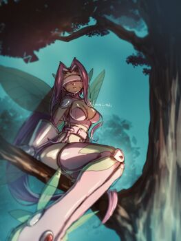 Rule 34 | 1girl, absurdres, bikini, breasts, digimon, digimon (creature), digimon frontier, fairimon, fairy wings, feet out of frame, head-mounted display, highres, koutei teki, large breasts, long hair, multiple wings, outdoors, pink bikini, purple hair, sitting, solo, swimsuit, transparent wings, tree, twitter username, wings