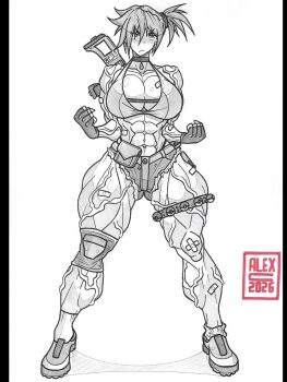 1girl abs alternate_muscle_size artalexc artist_name bandaid belt biceps bikini bikini_top_only black_border blush border breasts chaps choker cleavage clenched_hands denim denim_shorts elbow_pads fingerless_gloves full_body gloves gluteal_fold gun huge_breasts knee_pads large_breasts looking_at_viewer micro_shorts misty_(pokemon) muscular muscular_female navel nintendo pokemon pokemon_(anime) pokemon_(classic_anime) pokemon_rgby pouch rifle shoes short_hair short_shorts shorts shotgun side_ponytail simple_background solo standing swimsuit tattoo thick_thighs thighs weapon weapon_on_back white_background