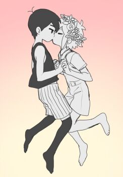2boys basil_(omori) closed_eyes echigoya_takeru flower_wreath gradient_background head_wreath kiss monochrome multiple_boys omori omori_(omori) tank_top yaoi