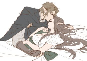 1boy 1girl black_cloak blonde_hair breasts brown_hair cleavage cloak closed_eyes commentary couple dress earrings grey_shirt hetero jewelry kiss kissing_forehead kurokawa_karasu link medium_breasts nintendo pointy_ears princess_zelda shirt short_sleeves sketch symbol-only_commentary the_legend_of_zelda the_legend_of_zelda:_twilight_princess under_covers vambraces white_background white_dress