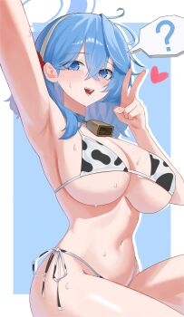 1girl ? absurdres ako_(blue_archive) animal_print armpits bell bikini blue_archive blue_eyes blue_hair blue_halo blush breasts choker cleavage commentary_request cow_print cow_print_bikini dolgom groin hair_between_eyes halo highres large_breasts medium_hair messy_hair navel neck_bell open_mouth print_bikini side-tie_bikini_bottom smile solo swimsuit thighs underboob v