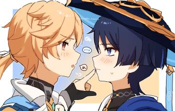 2boys aether_(as_heaven_and_earth_are_made_anew)_(genshin_impact) aether_(genshin_impact) ahoge armor artist_name black_gloves black_shirt black_tank_top blonde_hair blue_background blue_cape blue_hat blunt_ends blush border cape closed_mouth commentary_request covered_collarbone eyeshadow from_side genshin_impact gloves gradient_background hair_between_eyes hair_ribbon hand_up hat highres jacket jellyfish_cut jingasa lapels long_hair looking_at_another low_ponytail makeup male_focus mandarin_collar multiple_boys nekonekko_suuub official_alternate_costume official_alternate_hairstyle open_clothes open_jacket open_mouth open_shirt orange_eyes orange_pupils outside_border partially_fingerless_gloves ponytail purple_eyes purple_hair purple_pupils red_eyeshadow ribbon scaramouche_(genshin_impact) shirt short_hair shoulder_armor shy speech_bubble sweatdrop tank_top turtleneck turtleneck_shirt two-tone_background upper_body v-shaped_eyebrows wanderer_(genshin_impact) white_border white_jacket white_ribbon white_shirt yaoi yellow_background