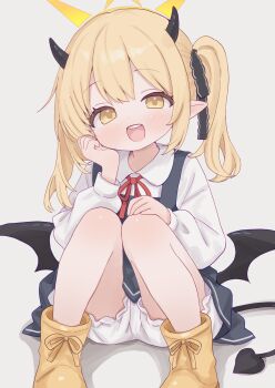 1girl black_horns black_wings blonde_hair bloomers blue_archive collared_shirt commentary demon_horns demon_tail demon_wings dress halo highres horns ibuki_(blue_archive) long_sleeves open_mouth pinafore_dress shirt sleeveless sleeveless_dress smile solo tail takatsurt underwear white_bloomers white_shirt wings yellow_eyes yellow_halo
