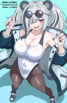 1girl :d absurdres animal_ears arknights black-framed_eyewear black_nails black_sleeves blue_background breasts brown_pantyhose claw_pose cleavage coat collarbone commentary_request covered_navel eggplant7217 eyewear_on_head fang feater_(arknights) fingernails foot_out_of_frame gradient_background grey_coat grey_hair grey_shoes groin hair_over_one_eye hands_up highleg highleg_one-piece_swimsuit highres infection_monitor_(arknights) large_breasts long_sleeves looking_at_viewer medium_hair multicolored_hair nail_polish off_shoulder one-piece_swimsuit open_mouth pantyhose red_eyes round_eyewear shoes skin_fang smile solo standing streaked_hair swimsuit watermark white_one-piece_swimsuit