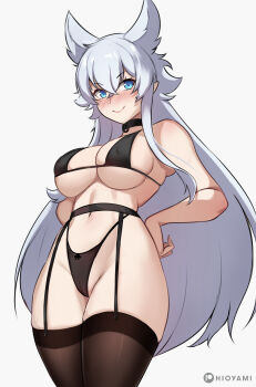 1girl absurdres animal_ears bikini black_bikini black_bra black_garter_belt black_thighhighs blue_eyes blush bra breasts closed_mouth crossed_bangs fenrys garter_belt hair_between_eyes highres hioyami long_hair looking_at_viewer lv2_kara_cheat_datta_moto_yuusha_kouho_no_mattari_isekai_life navel patreon_username simple_background solo stomach swimsuit thighhighs underboob underwear white_background white_hair