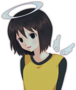 Rule 34 | 1girl, black eyes, black hair, black shirt, blush, franz c, halo, hashtag-only commentary, long sleeves, looking at viewer, medium hair, multicolored shirt, nakahara misaki, nhk ni youkoso!, open mouth, raglan sleeves, shirt, simple background, smile, solo, t-shirt, traditional halo, two-tone shirt, upper body, white background, white halo, white wings, wings, yellow shirt