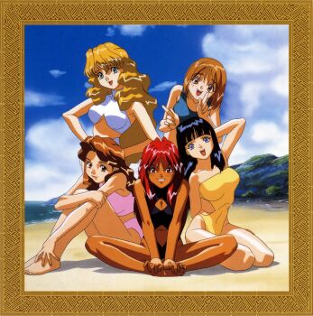 1990s_(style) 5girls arm_behind_head arm_up artist_request barefoot beach bikini black_hair black_one-piece_swimsuit blonde_hair blue_eyes blue_one-piece_swimsuit brown_eyes brown_hair casual_one-piece_swimsuit cleavage_cutout clothing_cutout day eberouge grin hand_on_own_arm index_finger_raised knees_up leaning_forward long_hair looking_at_viewer multiple_girls navel_cutout non-web_source official_art one-piece_swimsuit open_mouth outdoors pink_bikini red_eyes red_hair retro_artstyle short_hair sitting smile strapless strapless_one-piece_swimsuit swimsuit v_arms white_one-piece_swimsuit yellow_one-piece_swimsuit yokozuwari