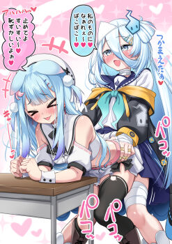 &gt;_&lt; 2girls :d absurdres animal_ears arm_support asymmetrical_legwear bandaged_fingers bandaged_hand bandaged_leg bandaged_neck bandages bandaid bandaid_on_finger bandaid_on_hand bare_shoulders black_jacket black_thighhighs blue_hair blush boots brown_boots cropped_shirt detached_sleeves dog_ears doggystyle dry_humping elbow_rest ghost ghost_hair_ornament gradient_hair grey_eyes hair_between_eyes hair_ornament hairclip hat heart highres hitodama humping jacket komai_ume long_hair long_sleeves meme midriff multicolored_hair multiple_girls nose_blush open_mouth ora_ora_get_pregnant_(meme) pom_pom_(clothes) pom_pom_hair_ornament puffy_detached_sleeves puffy_short_sleeves puffy_sleeves purple_hair purple_sailor_collar purple_skirt sailor_collar school_uniform serafuku sex sex_from_behind shirt short_sleeves skirt smile spoken_heart suzutuki_sui thighhighs torso_grab triangular_headpiece varium very_long_hair virtual_youtuber white_hair white_hat white_sailor_collar white_shirt white_skirt wrist_cuffs yokojima_kemomi_mi_chuushin yuri