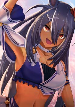 1girl animal_ears armpits bandeau black_hair blue_bandeau breasts choker cleavage collarbone commentary_request dark-skinned_female dark_skin ear_scrunchie fang hair_between_eyes hair_ornament hairclip hishi_amazon_(azure_amazon)_(umamusume) hishi_amazon_(umamusume) horse_ears horse_girl large_breasts long_hair looking_at_viewer midriff navel open_mouth otono_(bkt4b) red_eyes red_scrunchie scrunchie single_sleeve skirt sky smile solo striped_clothes striped_scrunchie two-tone_bandeau two-tone_shirt umamusume very_long_hair white_bandeau white_choker white_skirt