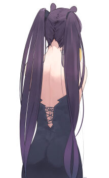 Rule 34 | 1girl, alternate hairstyle, ass, back, bare shoulders, black dress, commentary, dress, facing away, from behind, gradient hair, highres, hololive, hololive english, long hair, malvar, median furrow, multicolored hair, ninomae ina'nis, ninomae ina'nis (1st costume), orange hair, purple hair, sidelocks, simple background, sleeveless, sleeveless dress, solo, straight hair, strapless, strapless dress, symbol-only commentary, tentacle hair, twintails, very long hair, virtual youtuber, white background