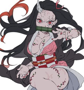 bit_gag black_hair body_markings breasts claws colored_tips demon_girl dodekai_crape fingernails furrowed_brow gag hair_ribbon horns japanese_clothes kamado_nezuko kimetsu_no_yaiba kimono long_hair medium_breasts multicolored_hair open_clothes open_kimono pink_kimono pink_ribbon red_eyes red_hair red_nails ribbon sharp_fingernails single_horn slit_pupils upper_body veins