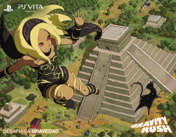 1girl architecture black_cat blonde_hair cat choker dark-skinned_female dark_skin dress dusty_(gravity_daze) female_focus floating flying gravity_daze hairband highres kitten_(gravity_daze) leg_ribbon long_hair mesoamerican_architecture official_art pyramid_(structure) red_eyes ribbon ruins scarf solo spanish_text strapless strapless_dress temple thigh_ribbon vambraces