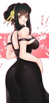 1girl absurdres bare_shoulders black_dress black_hair breasts commentary dress glint highres large_breasts looking_at_another looking_at_viewer looking_back red_eyes short_hair_with_long_locks sitraell solo spy_x_family yor_briar