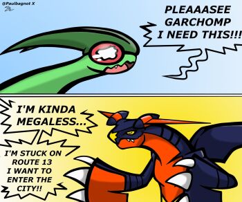 artist_name black_sclera blue_skin claws colored_sclera colored_skin commentary dragon english_commentary english_text fangs fins flygon frustrated garchomp gen_3_pokemon gen_4_pokemon green_skin green_wings highres horns looking_at_another mega_garchomp_z mega_pokemon meme multicolored_skin nintendo orange_skin paulbagnot pokemon pokemon_(creature) pokemon_focus red_eyes sad shark_fin sharp_teeth teeth twitter_username two-tone_skin wavy_mouth wings yellow_eyes