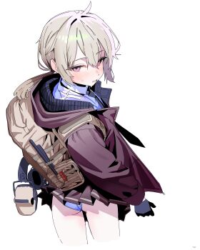 1girl absurdres ahoge backpack bag black_gloves black_necktie blush brown_hair brown_jacket brown_skirt collared_shirt commentary cropped_legs ear_protection girls&#039;_frontline gloves headphones highres jacket looking_at_viewer m200_(girls&#039;_frontline) necktie panties pantyshot pleated_skirt purple_eyes ruppu shirt simple_background skirt sweatdrop underwear unworn_headphones white_background white_mouth white_shirt