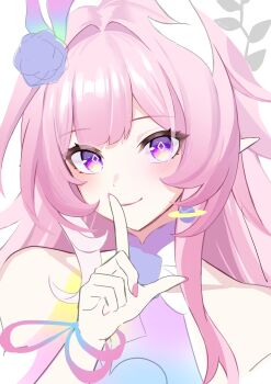 bare_shoulders closed_mouth cyrene_(honkai:_star_rail) cyrene_(ripples_of_past_reverie)_(honkai:_star_rail) dress finger_to_mouth honkai:_star_rail honkai_(series) kiki-yu long_hair looking_at_viewer pink_hair pink_nails pointy_ears purple_eyes white_dress