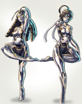 2girls absurdres alternate_hair_color antenna_hair arm_up black_hair black_skin breasts colored_skin commentary corruption dark_persona drill_hair english_commentary female_seth_(street_fighter) glowing glowing_eyes grey_background grey_skin grin headband highres ibenz009 kanzuki_karin kasugano_sakura long_hair mechanization medium_breasts metal_skin multicolored_skin multiple_girls neon_trim orb reaching reaching_towards_viewer robot robot_girl seth_(street_fighter) shiny_skin short_hair smile standing standing_on_one_leg street_fighter street_fighter_v teeth upper_teeth_only very_short_hair white_headband yellow_eyes yin_yang yin_yang_orb