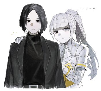 Rule 34 | 1boy, 1girl, albina (project moon), armor, asdf1211950, belt, black belt, black coat, black eyes, black hair, black sweater, blunt bangs, breastplate, closed mouth, coat, colored skin, commentary, emoticon, grid, hand on another's shoulder, heterochromia, highres, kaomoji, limbus company, long hair, looking at viewer, looking to the side, medium hair, open clothes, open coat, parted bangs, parted lips, patterned hair, pauldrons, ponytail, project moon, ren (project moon), short hair, shoulder armor, sidelocks, simple background, sweater, sweater tucked in, turtleneck, turtleneck sweater, upper body, white background, white eyes, white skin