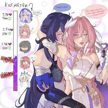 Rule 34 | 2girls, acheron (honkai: star rail), armpits, bare shoulders, bell, black gloves, black swan (honkai: star rail), blush, breasts, commentary, company connection, corset, crop top, cyrene (honkai: star rail), cyrene (ripples of past reverie) (honkai: star rail), elbow gloves, elysia (herrscher of human: ego) (honkai impact), elysia (honkai impact), english commentary, english text, gloves, highres, honkai: star rail, honkai (series), honkai impact 3rd, in-franchise crossover, inoue marina, kiana kaslana, kiana kaslana (ba-dum! fiery wishing star), kiana kaslana (wintery wishes), kiss meter (meme), large breasts, long hair, meme, mikiyuuz, multiple girls, pink hair, purple eyes, purple hair, smelling, speech bubble, stelle (honkai: star rail), trailblazer (honkai: star rail), triquetra, very long hair, voice actor connection, white background, white corset, white hair, yanning, yuri