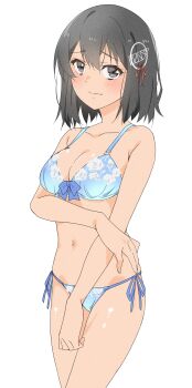 1girl absurdres black_hair blue_bra blue_panties bra breasts cleavage commentary_request grey_eyes haguro_(kancolle) hair_ornament hairclip highres kantai_collection looking_at_viewer maonatten medium_breasts panties short_hair side-tie_panties simple_background solo standing underwear underwear_only white_background