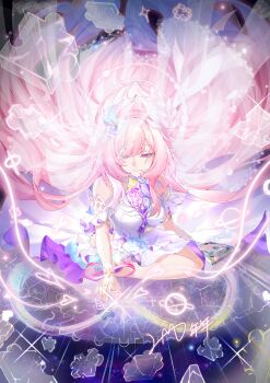 1girl absurdres amphoreus_(honkai:_star_rail) bare_shoulders breasts bridal_veil chinese_commentary commentary_request cyrene_(honkai:_star_rail) cyrene_(ripples_of_past_reverie)_(honkai:_star_rail) dark_elf dress elf flower hair_flower hair_ornament halo highres honkai:_star_rail honkai_(series) long_hair medium_breasts mobius_strip multicolored_hair niannian56127 pink_hair pointy_ears purple_eyes puzzle_piece solo two-tone_hair veil very_long_hair white_dress white_hair