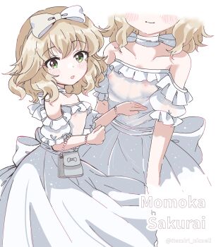 1girl absurdres bag bare_shoulders bead_bracelet beads blonde_hair blush bracelet breasts character_name close-up collarbone covered_erect_nipples detached_sleeves dot_nose dress frilled_dress frills from_side green_eyes hair_between_eyes hair_ribbon highres idolmaster idolmaster_cinderella_girls jewelry loli looking_at_viewer multiple_views neck_ribbon nipples open_mouth remiri_nicoeli ribbon sakurai_momoka see-through_clothes see-through_dress see-through_sleeves short_hair shoulder_bag sidelocks simple_background small_breasts smile solo twitter_username white_background white_dress white_ribbon